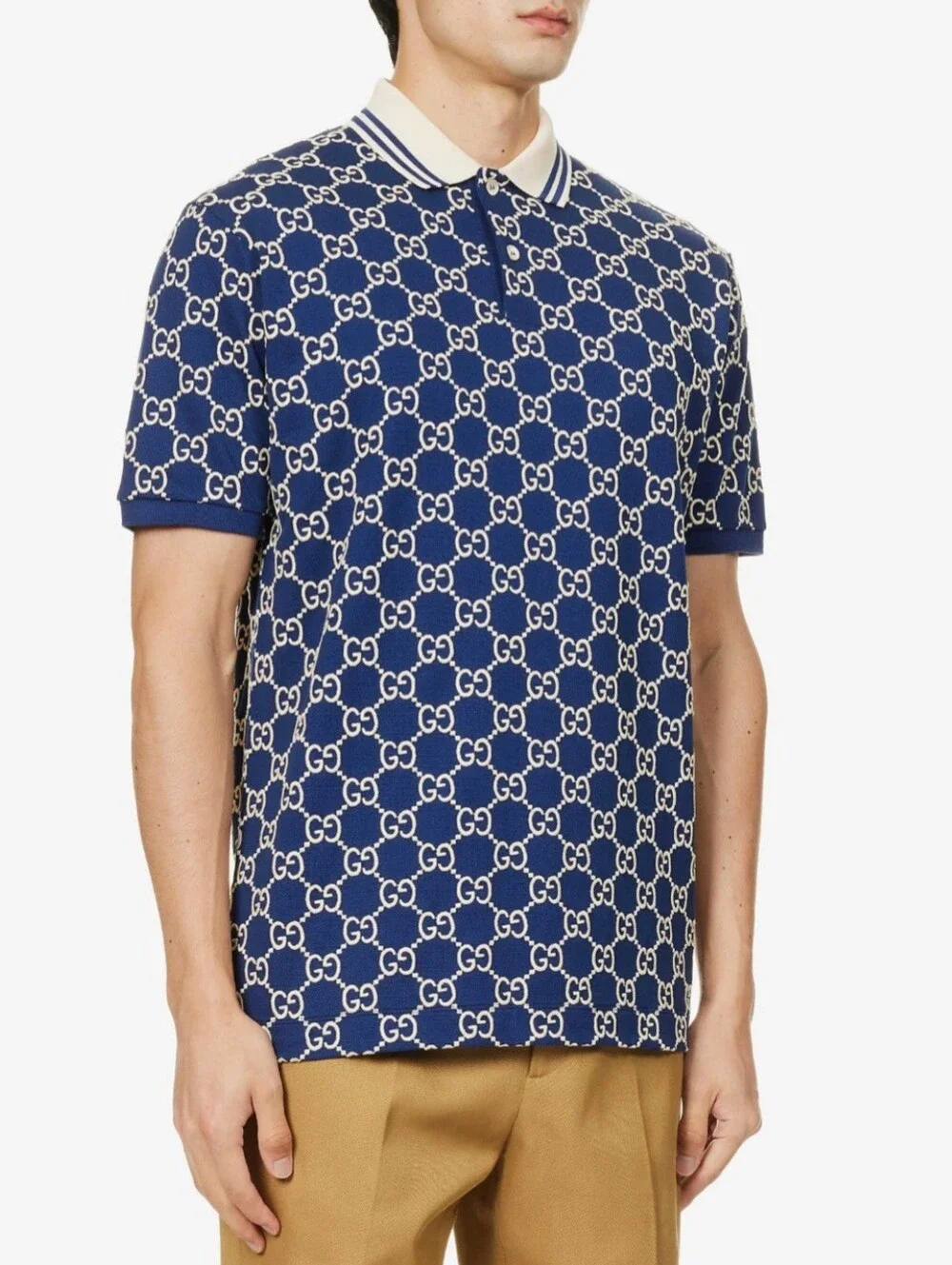 🇮🇹 Gucci Navy Blue GG 👕Jacquard Polo with Cream Collar🇮🇹